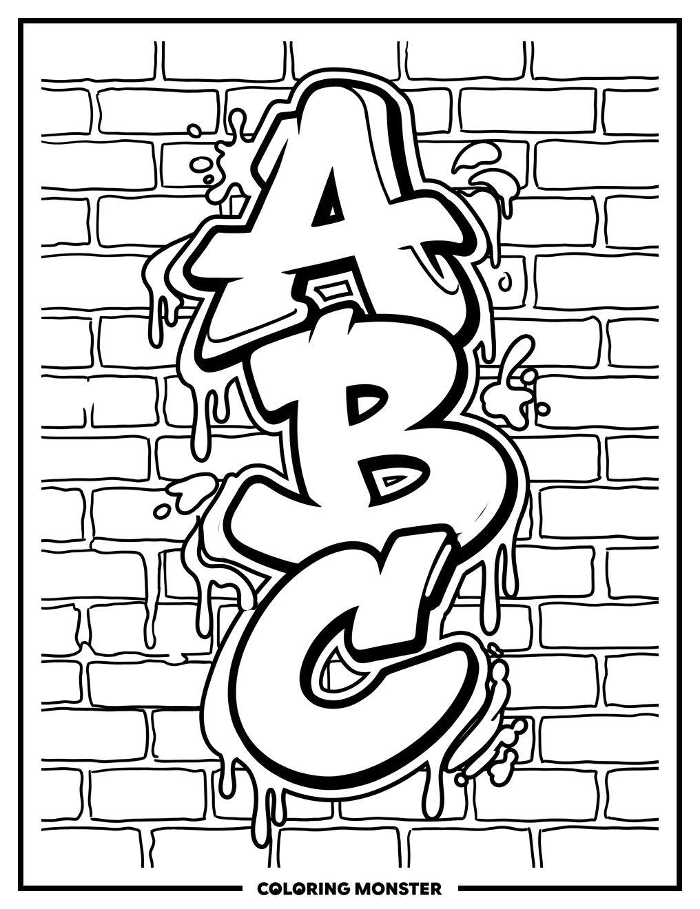 Graffiti Letters A, B, C on Brick Wall Coloring Page