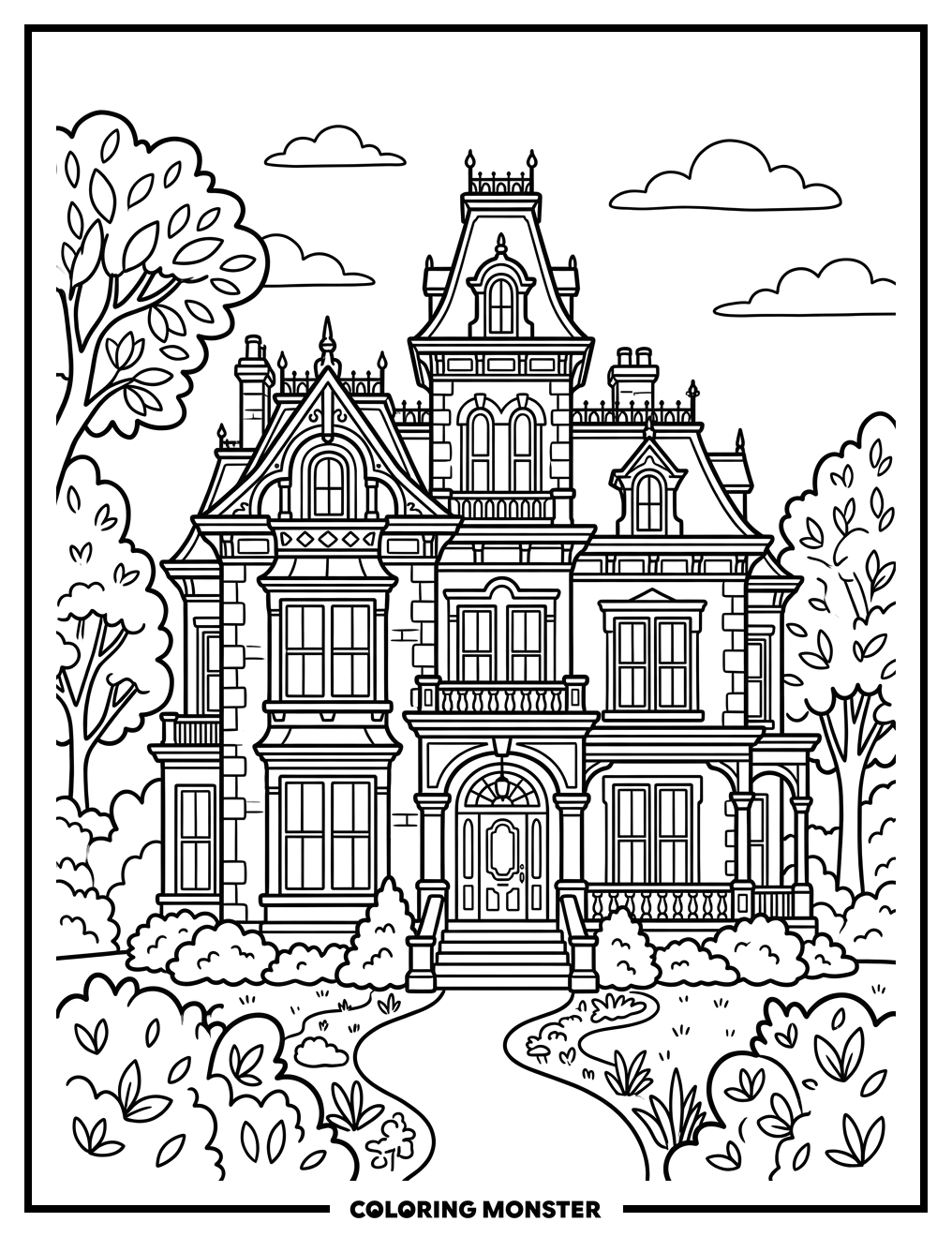 Grand Mansion with Surrounding Gardens Coloring Page