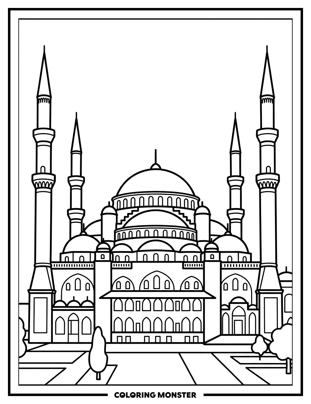 Grand Mosque With Domes and Minarets Coloring Page