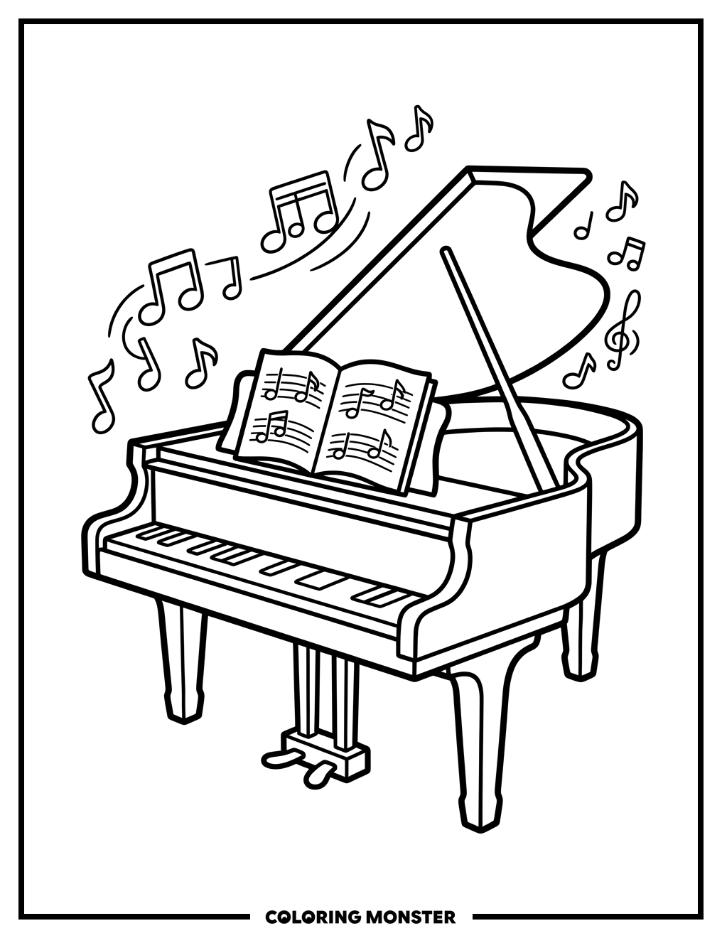 Grand Piano with Floating Notes Coloring Page