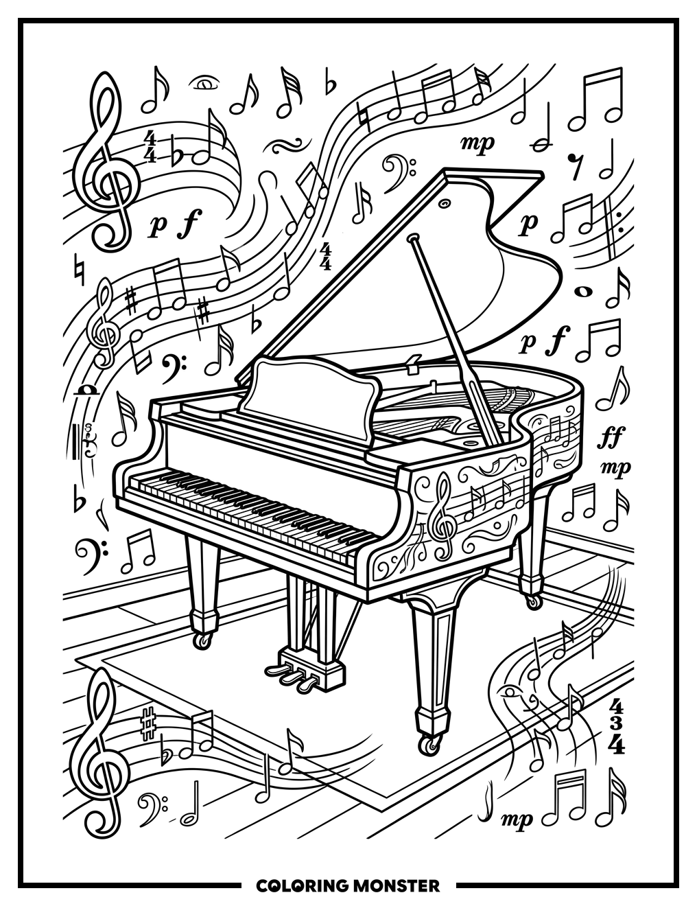 Grand Piano With Musical Notes Coloring Page