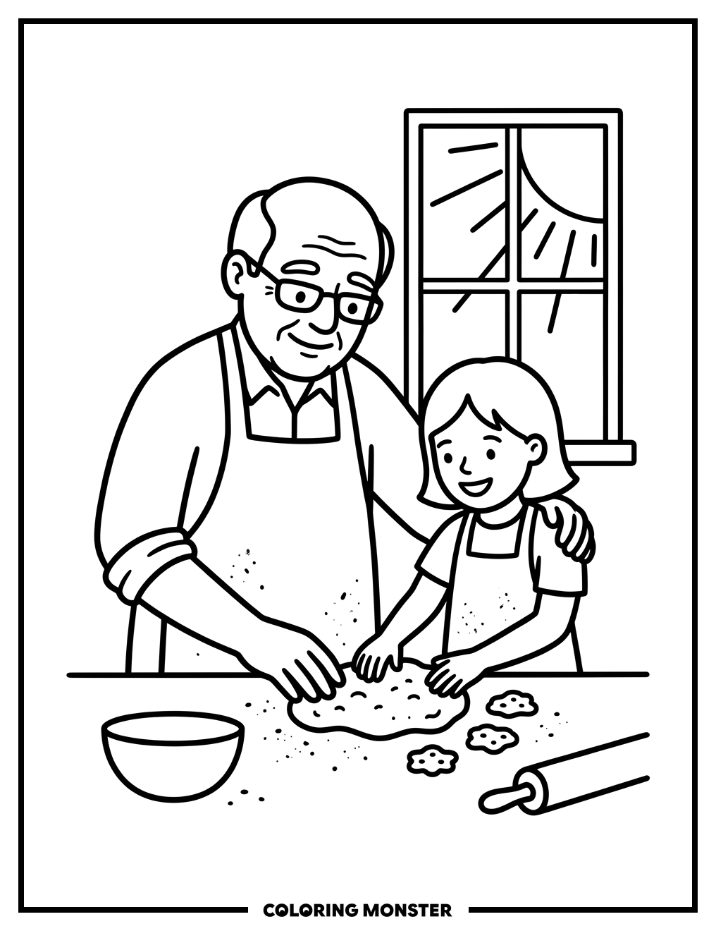 Grandfather and Granddaughter Baking Cookies Coloring Page