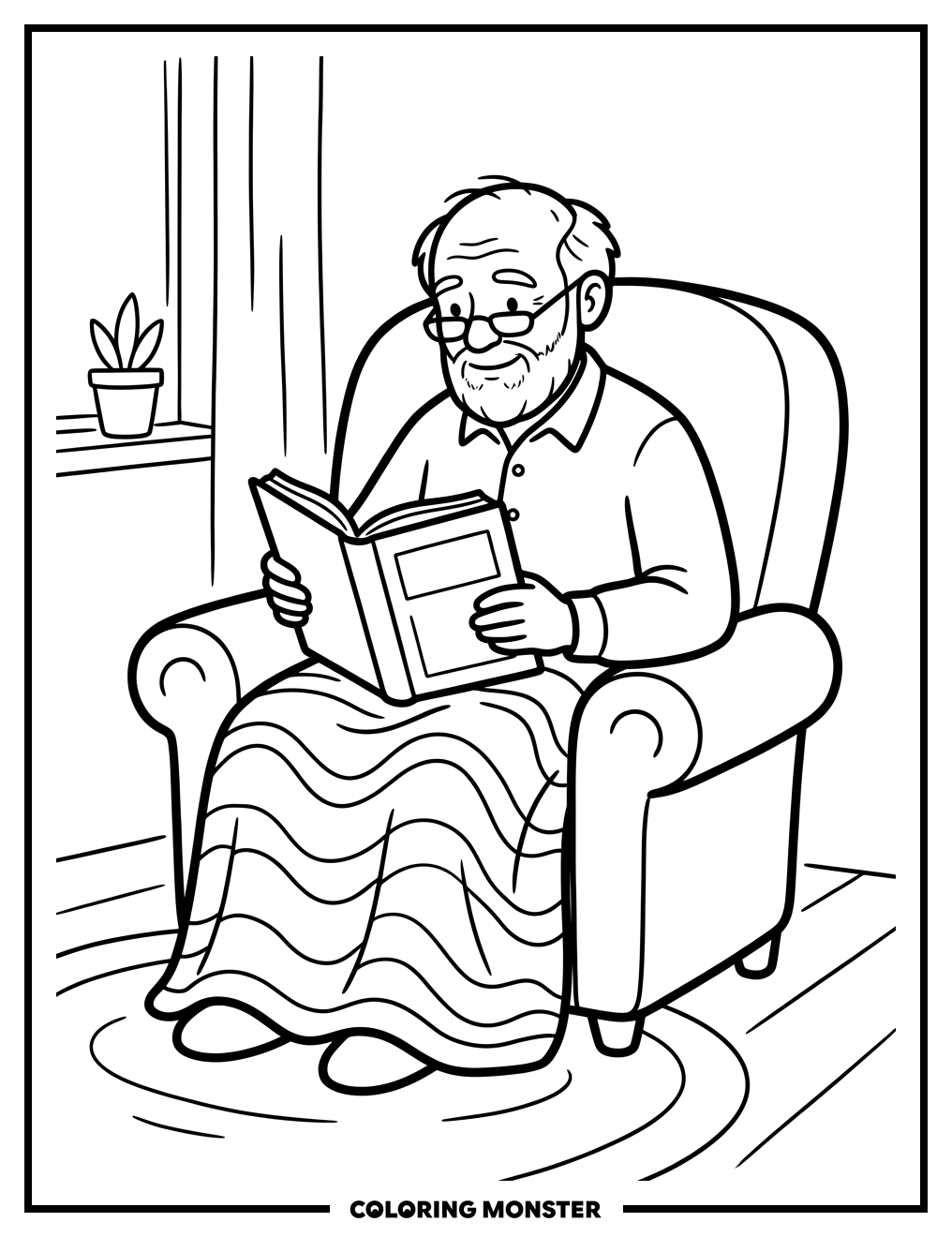 Grandfather Reading in Armchair Coloring Page