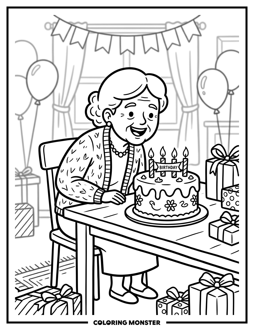 Grandma Blows Out Birthday Candles Coloring Page