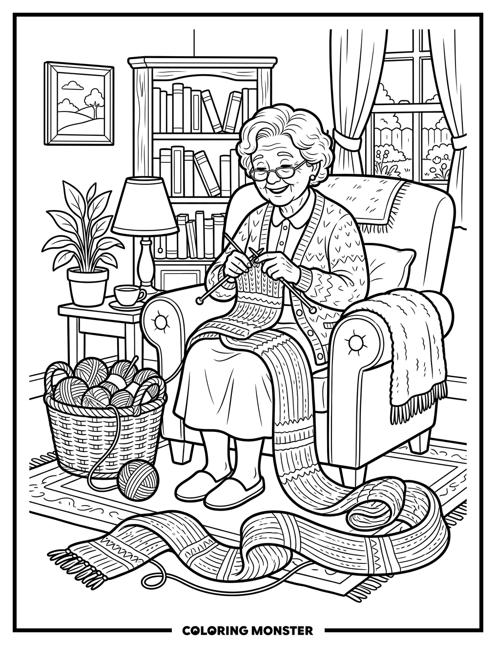 Grandma Knitting a Long Scarf Coloring Page