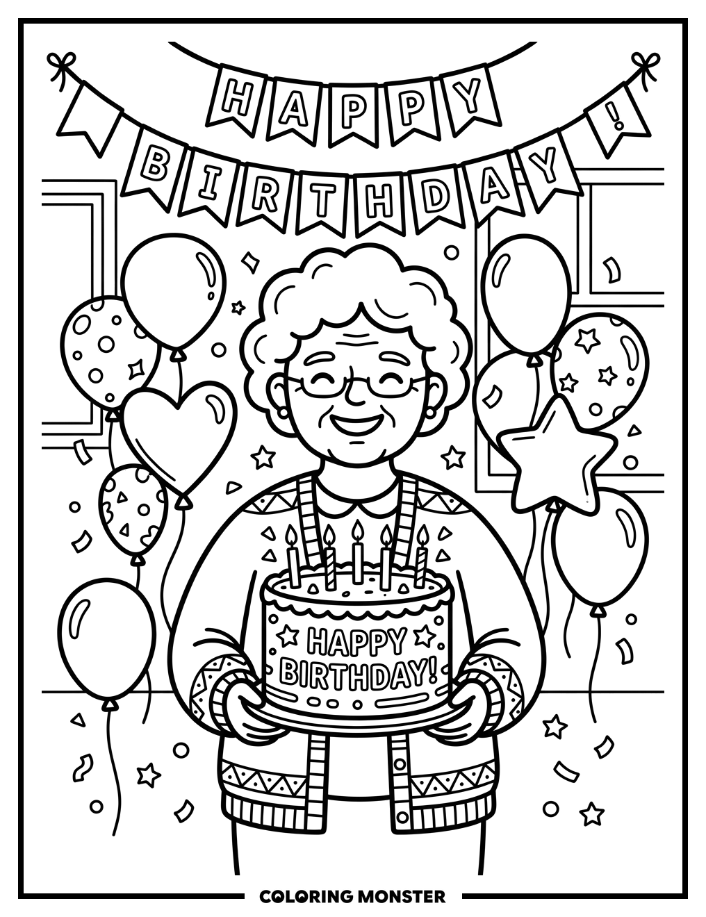 Grandmother Holding Birthday Cake Coloring Page
