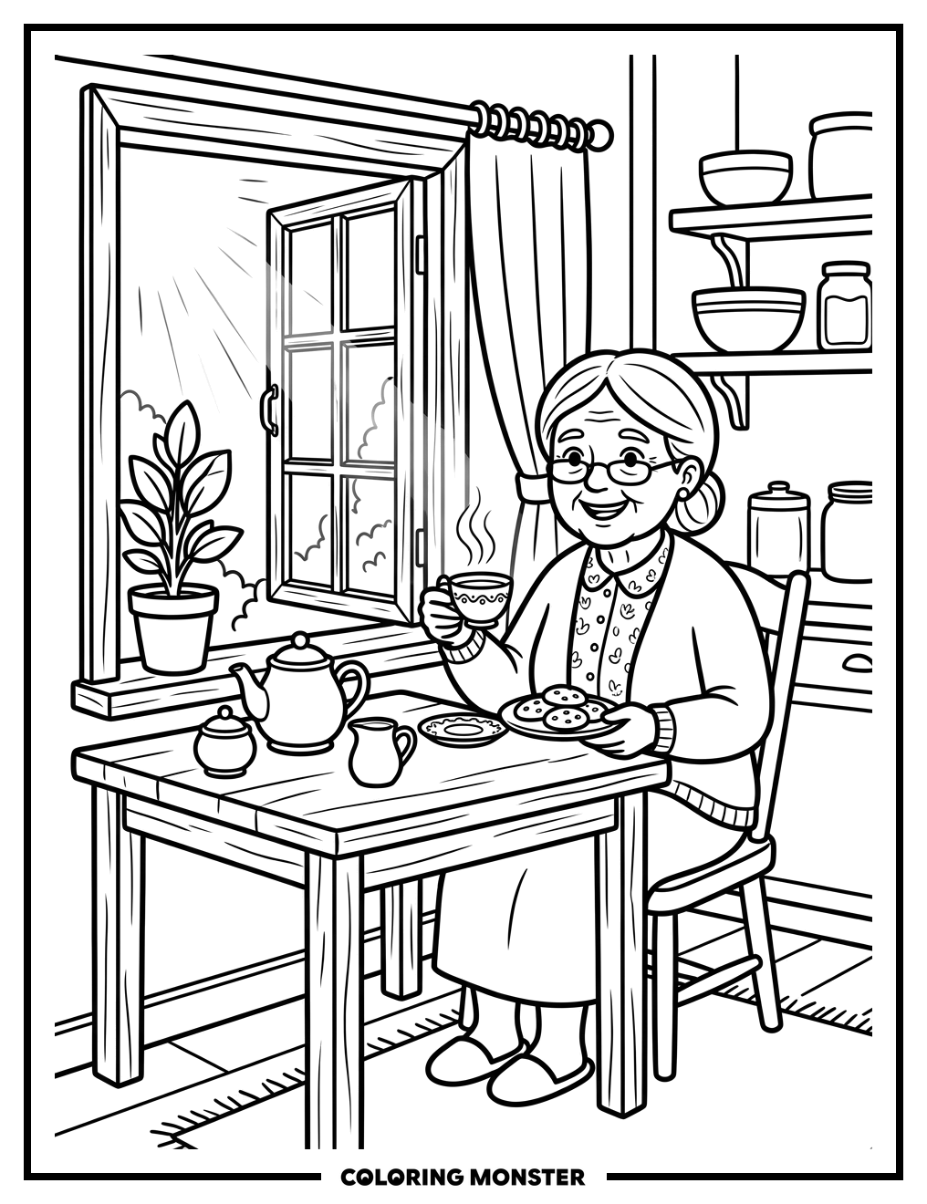 Grandmother With Tea and Cookies Coloring Page