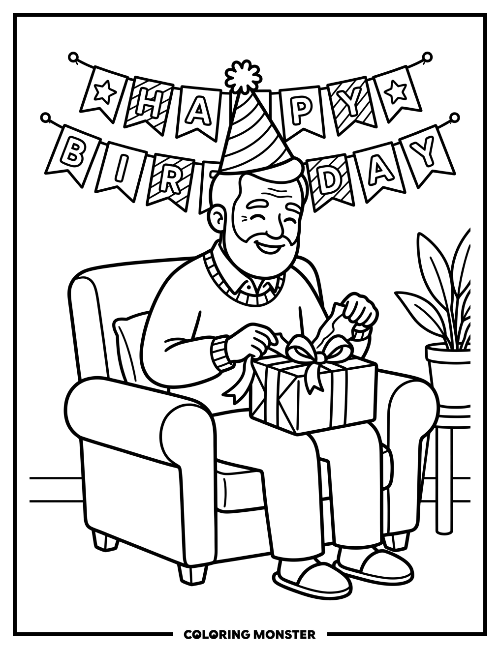 Grandpa Opening Birthday Gift Coloring Page