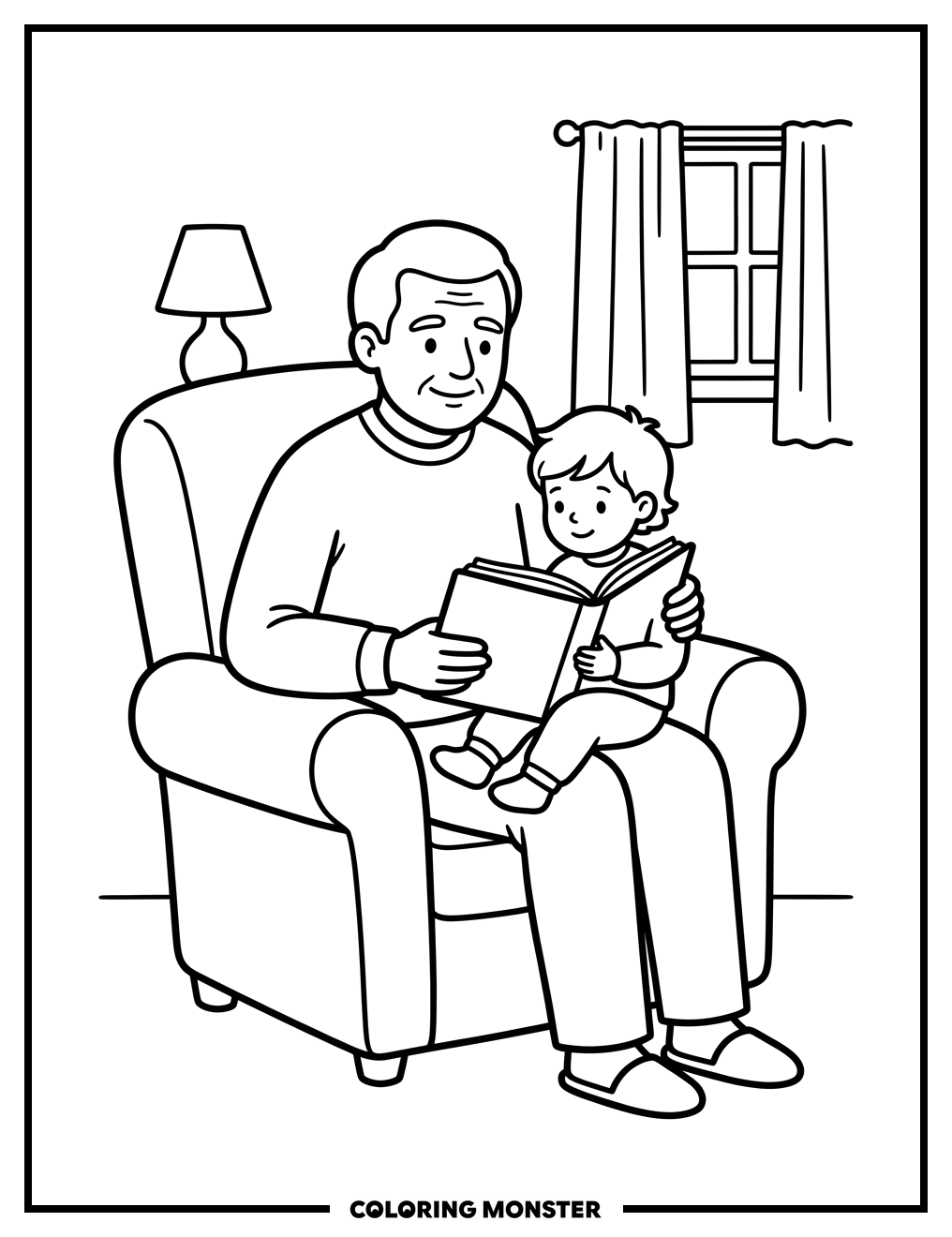 Grandpa Reading To Child Coloring Page