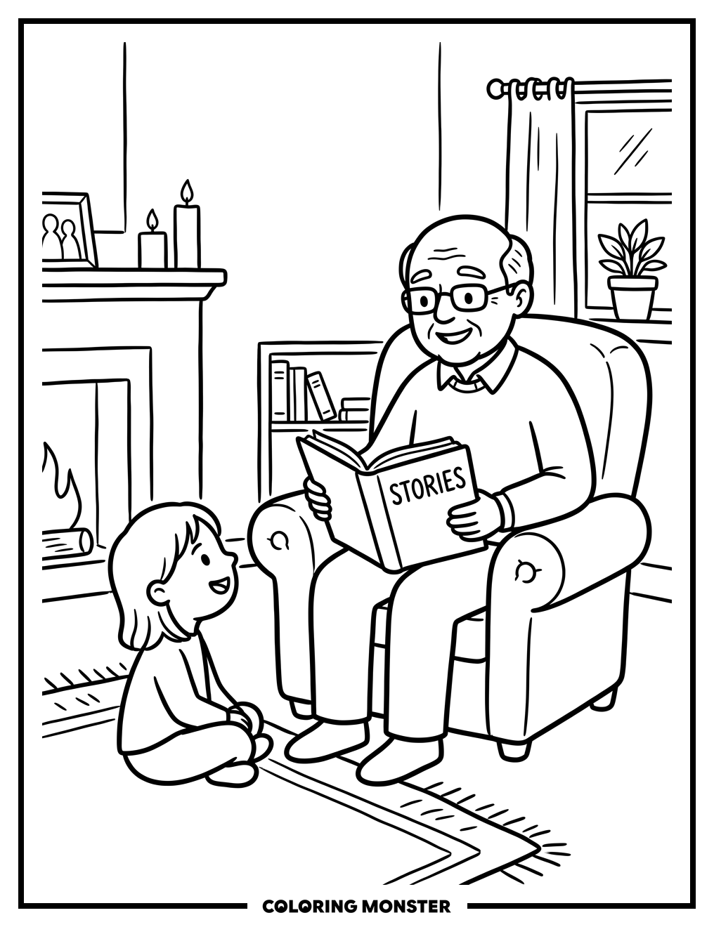 Grandpa Reads to Child Coloring Page