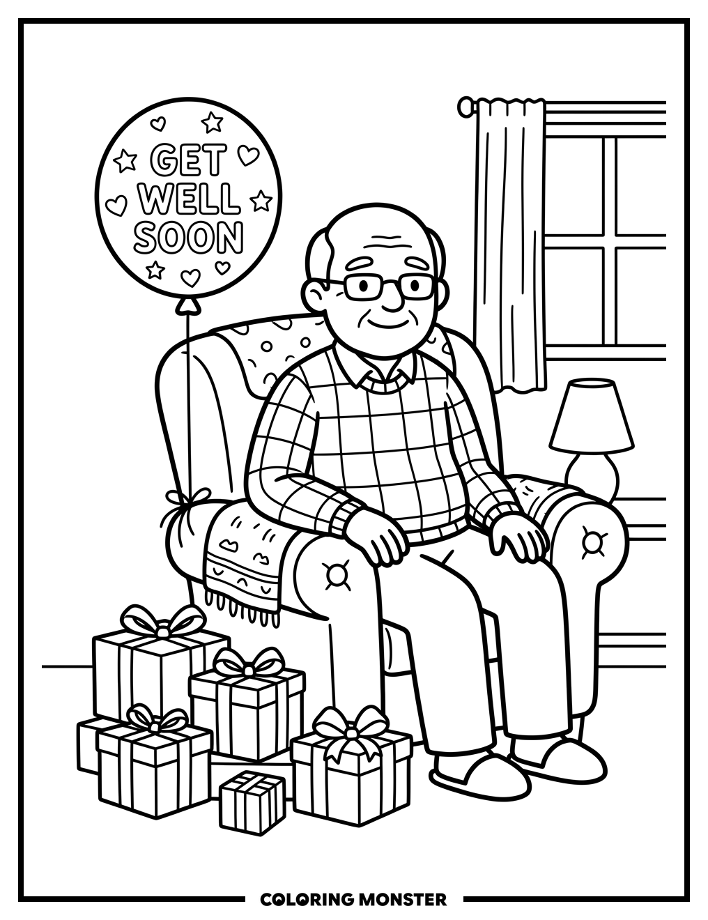Grandpa Receives Get Well Balloon Coloring Page