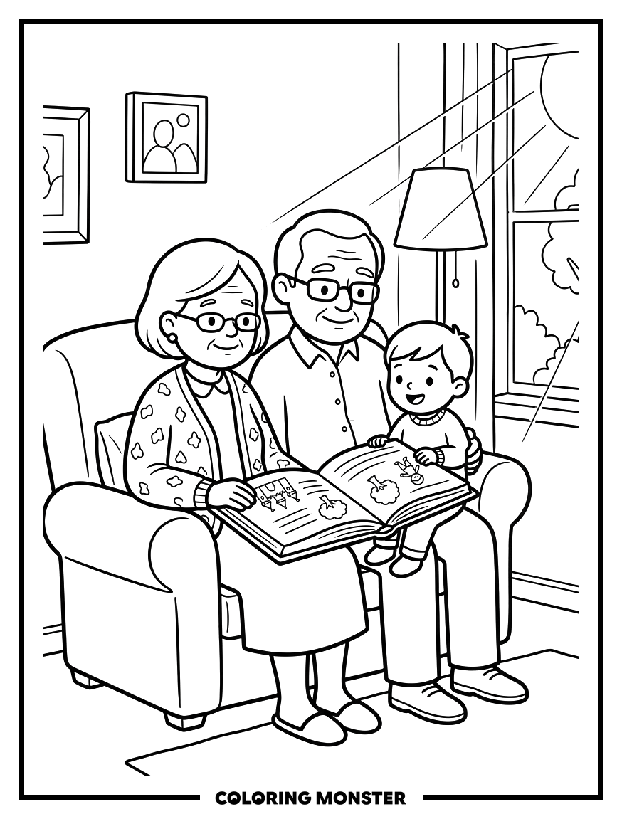 Grandparents Read Story to Grandchild Coloring Page