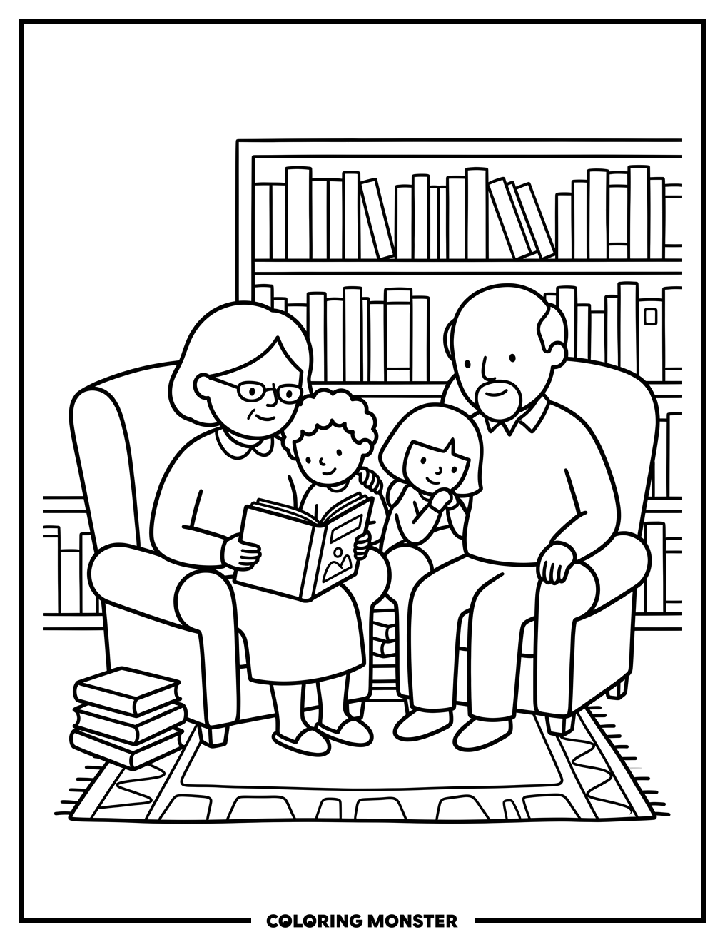 Grandparents Reading to Children Coloring Page
