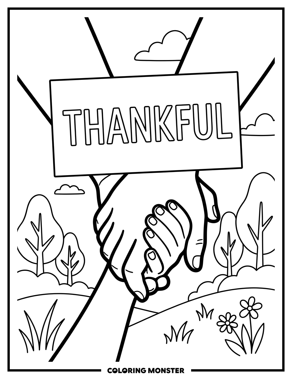 Grateful Hands Holding 'Thankful' Sign Coloring Page