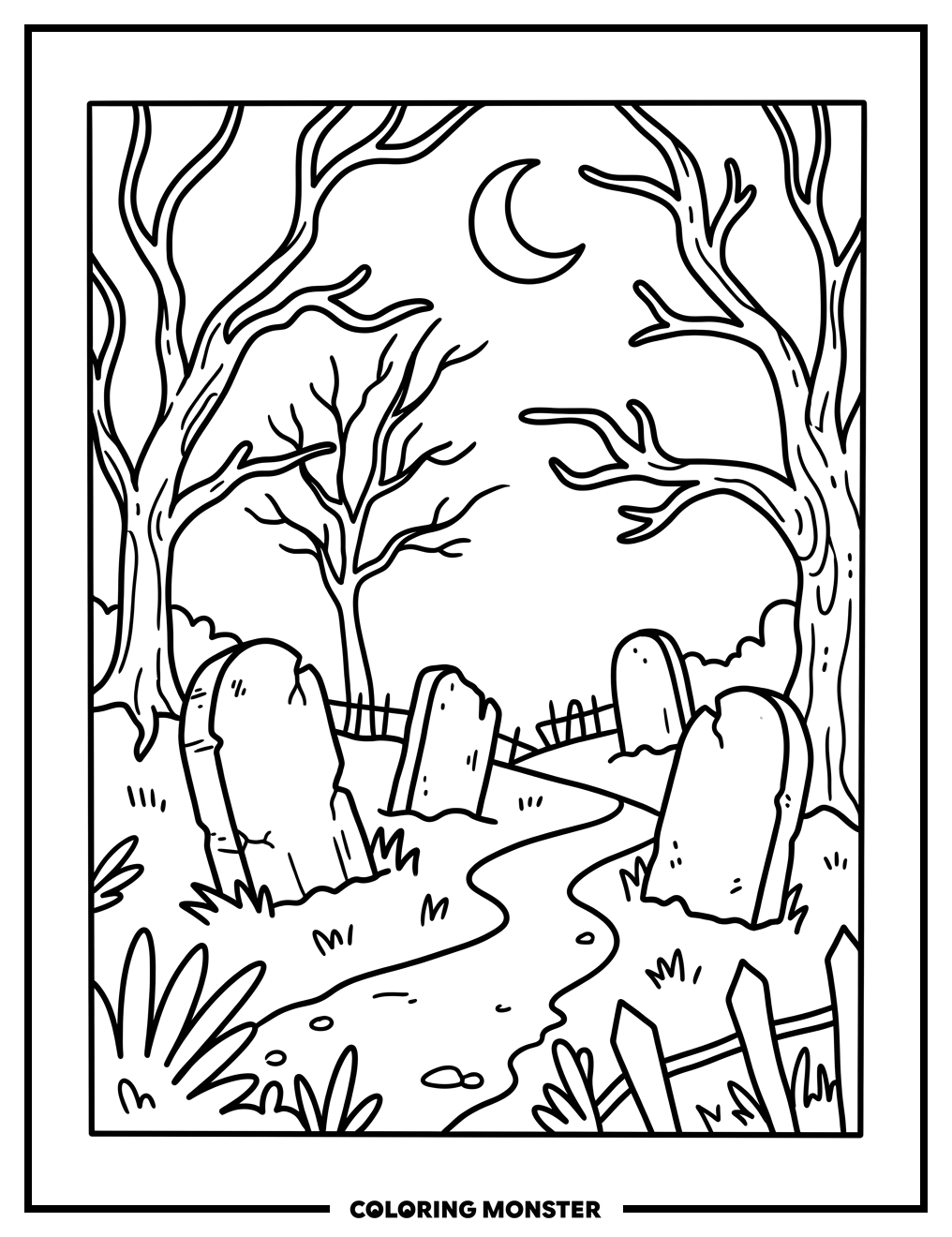 Graveyard At Night Coloring Page