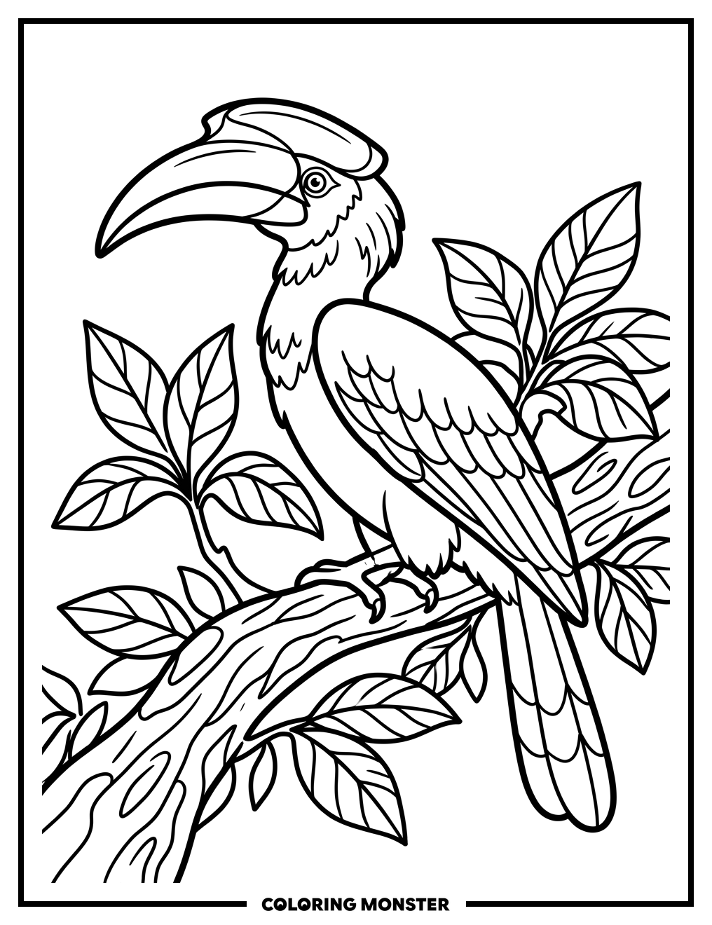 Great Hornbill on Jungle Branch Coloring Page