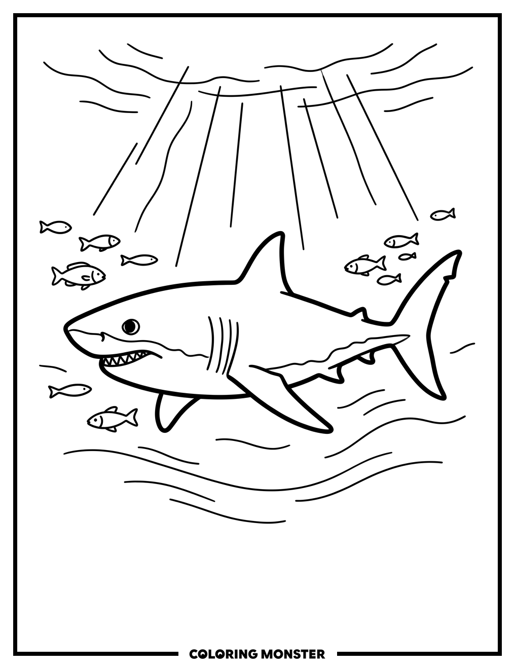 Great White Shark in Blue Ocean Coloring Page