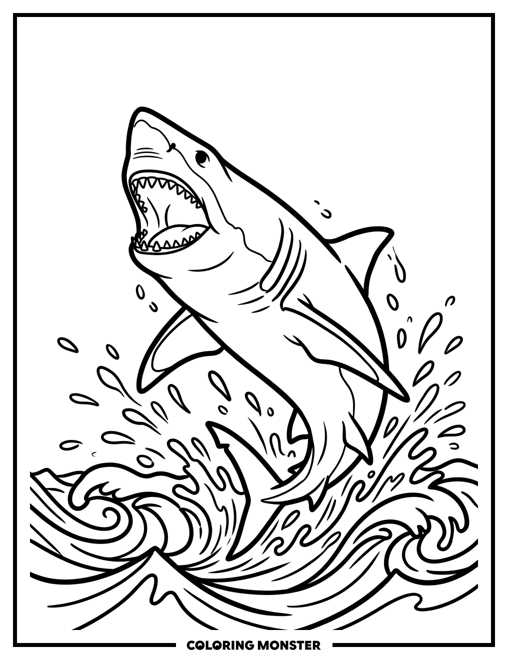 Great White Shark Leaping From Ocean Coloring Page