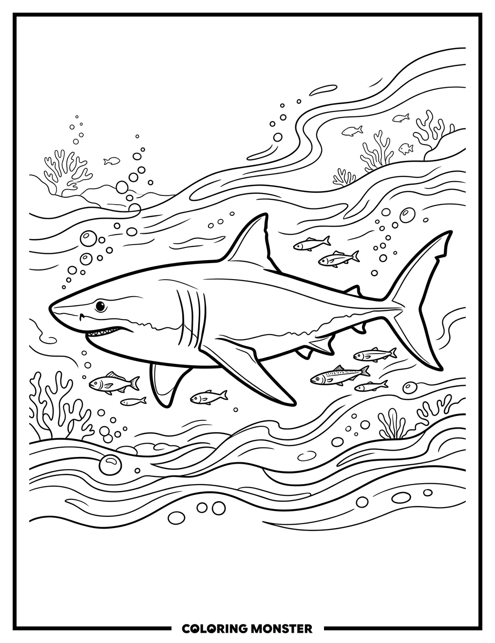 Great White Shark Swimming In The Ocean Coloring Page