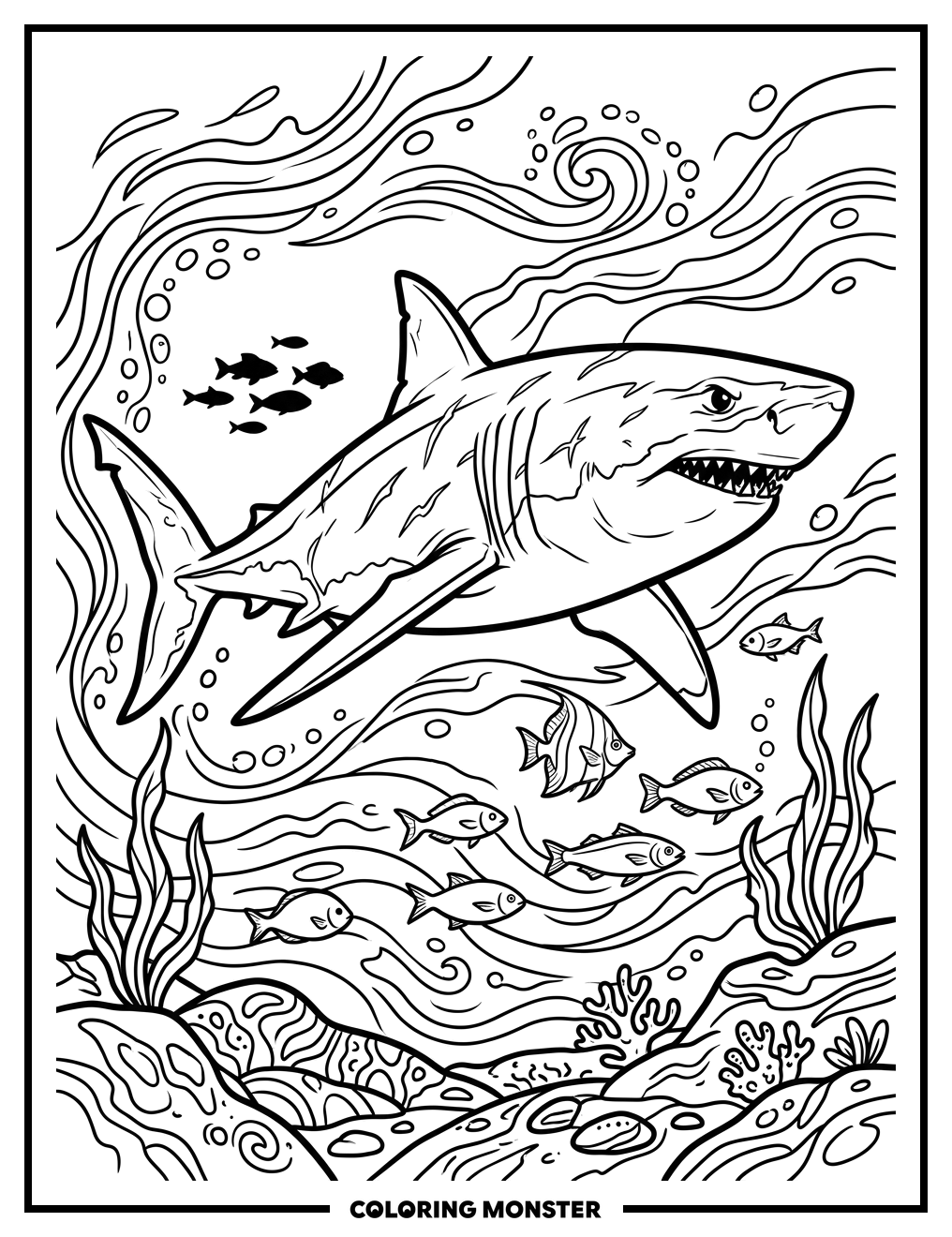Great White Shark Swims Ocean Depths Coloring Page