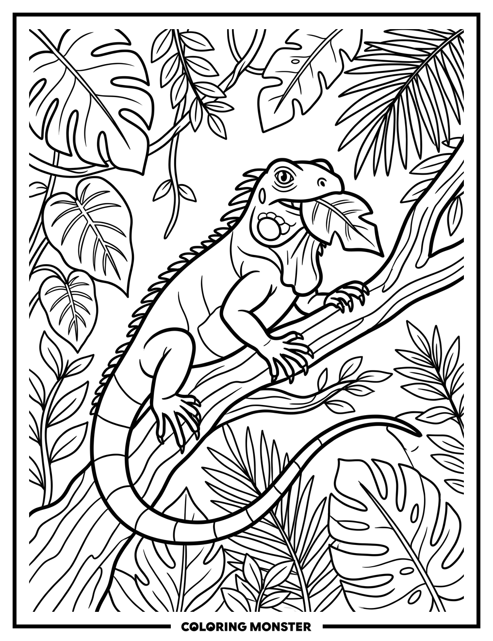 Green Iguana Eating Leaf Coloring Page