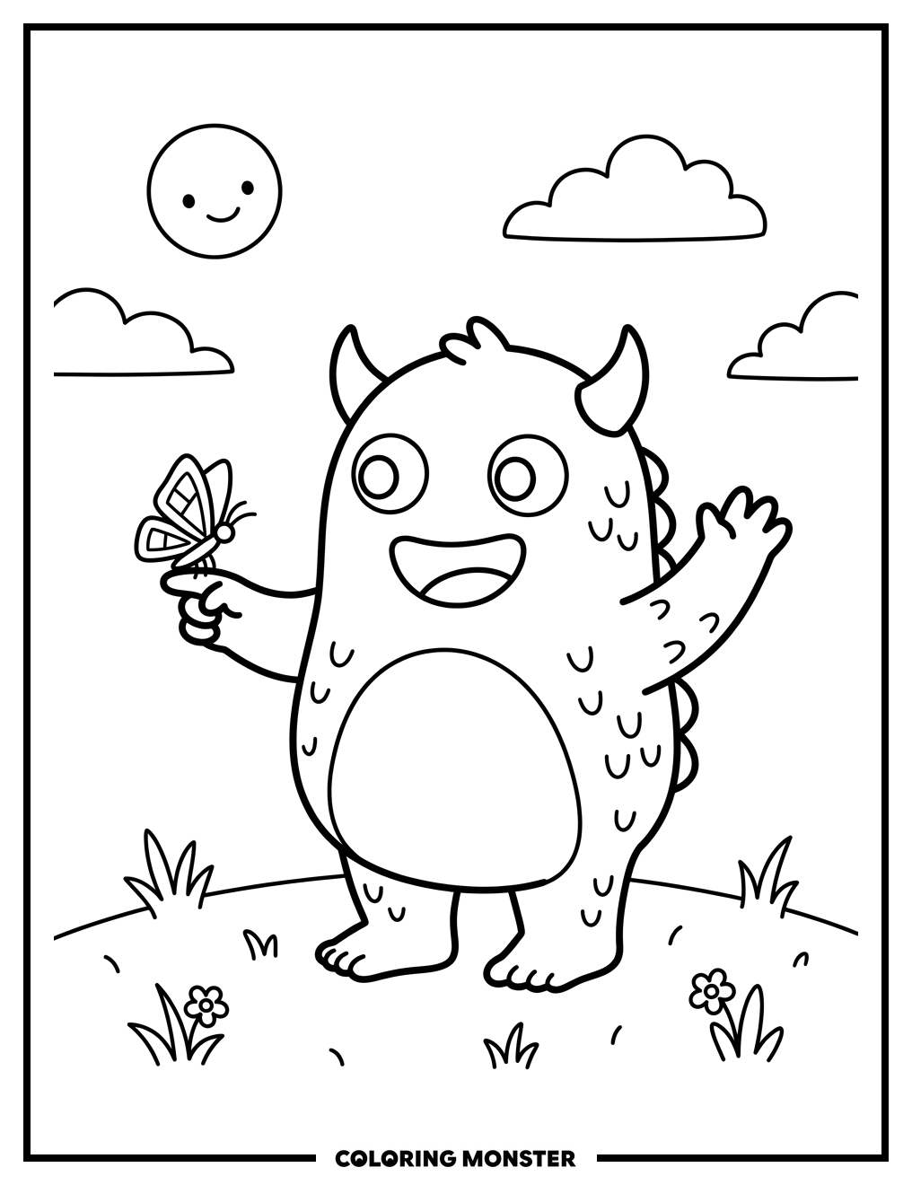 Green Monster With Butterfly Coloring Page