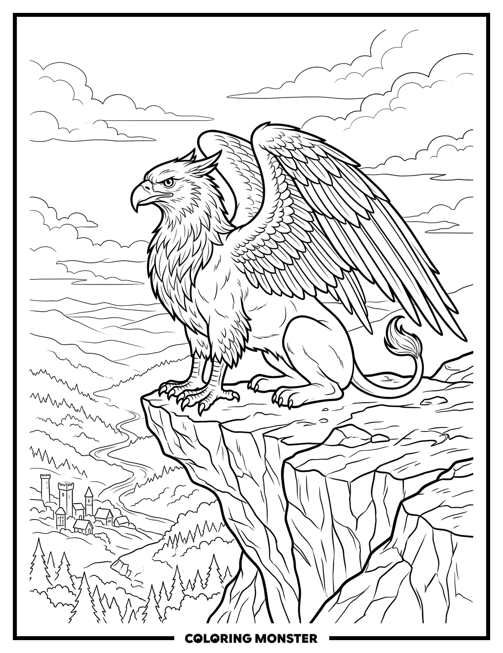 Griffin Perched on Rocky Cliff Coloring Page