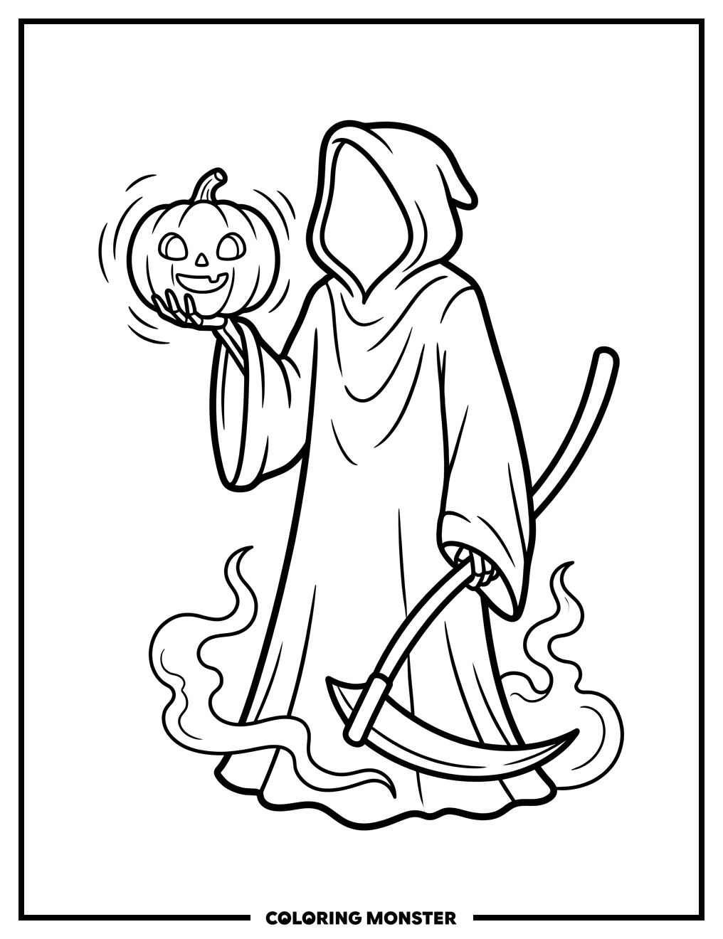 Grim Reaper With Glowing Pumpkin Coloring Page