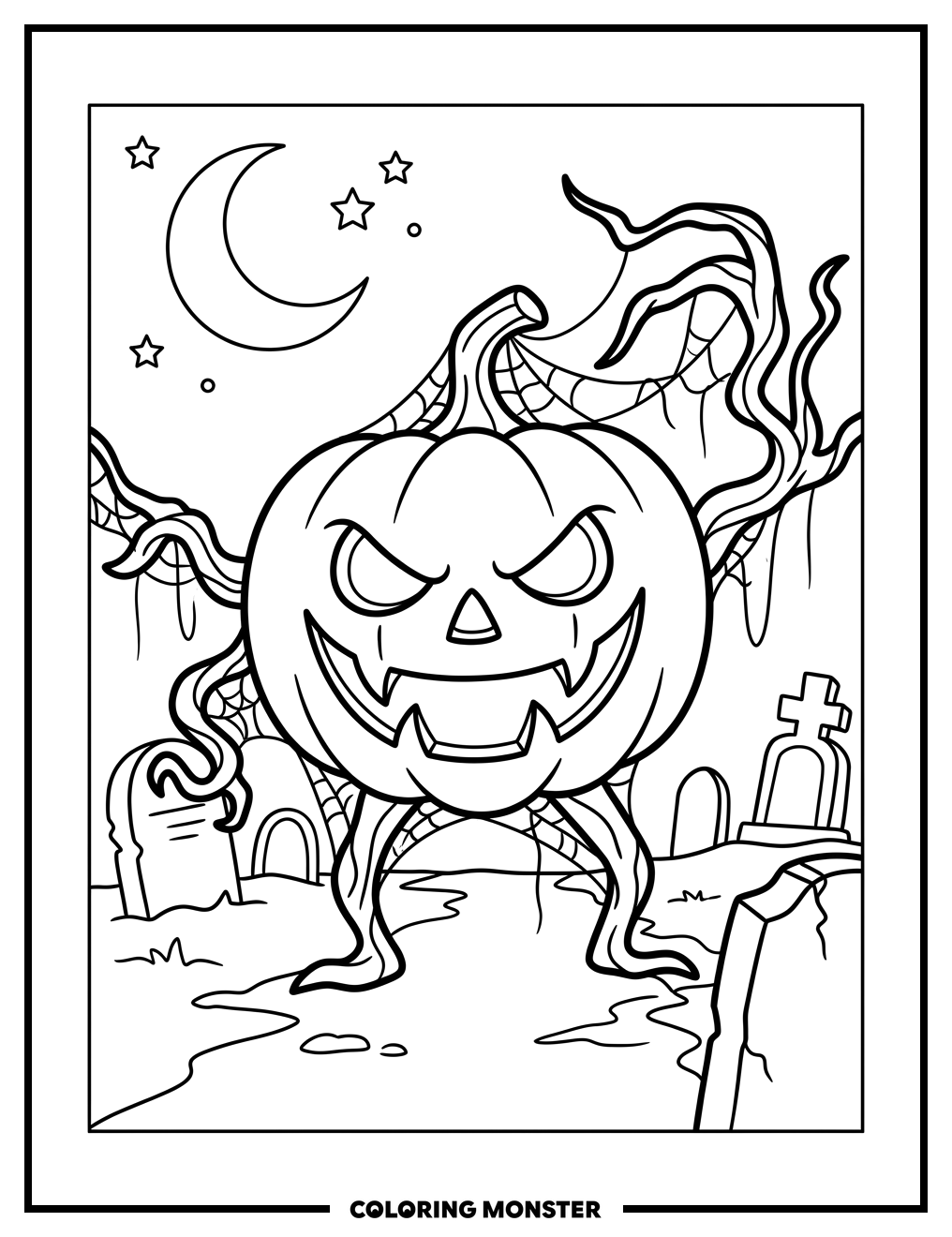 Grinning Jack-O-Lantern in Graveyard Coloring Page