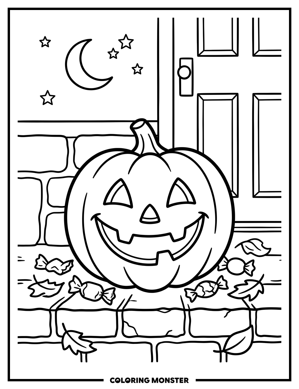 Grinning Jack-o'-lantern on Doorstep Coloring Page