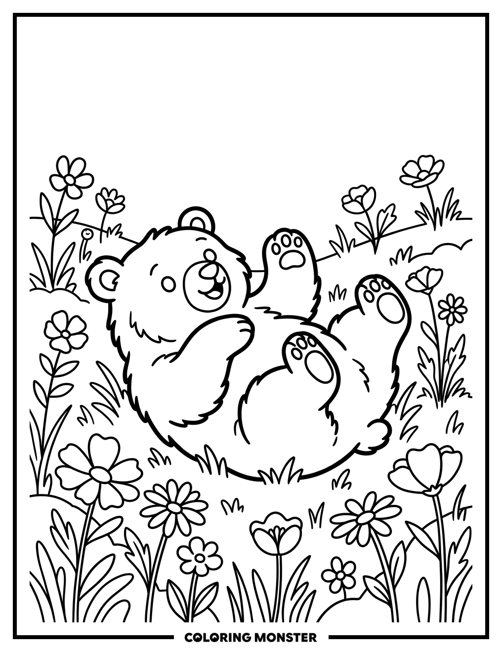 Grizzly Bear Cub Rolling in Wildflowers Coloring Page