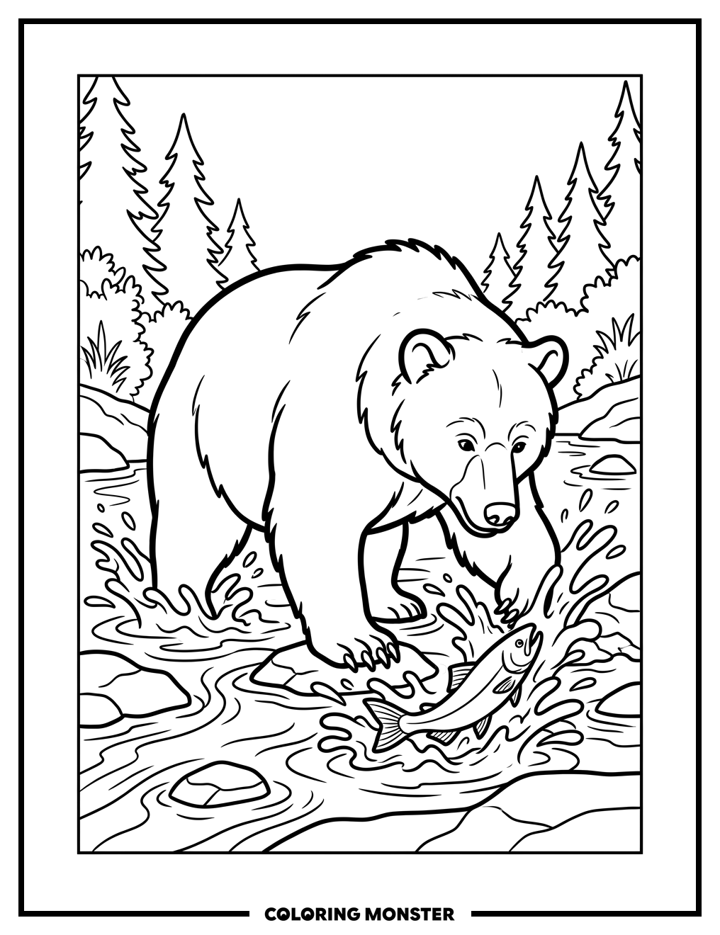 Grizzly Bear Fishing in a Stream Coloring Page