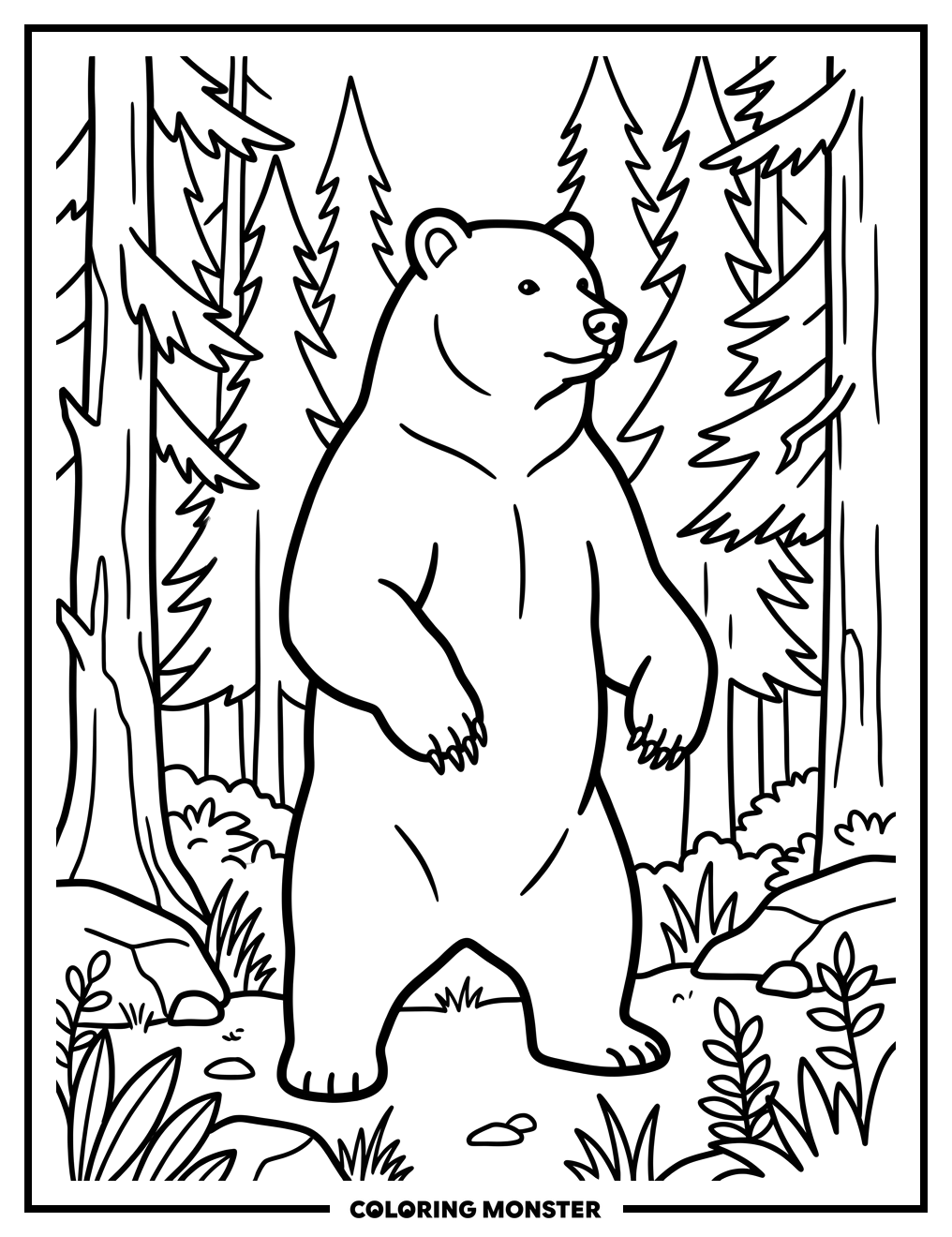 Grizzly Bear Standing in Forest Coloring Page