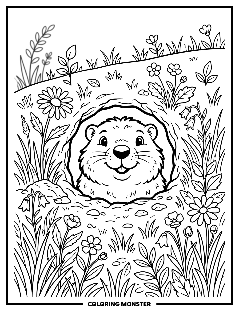 Groundhog Peeking From Burrow Coloring Page