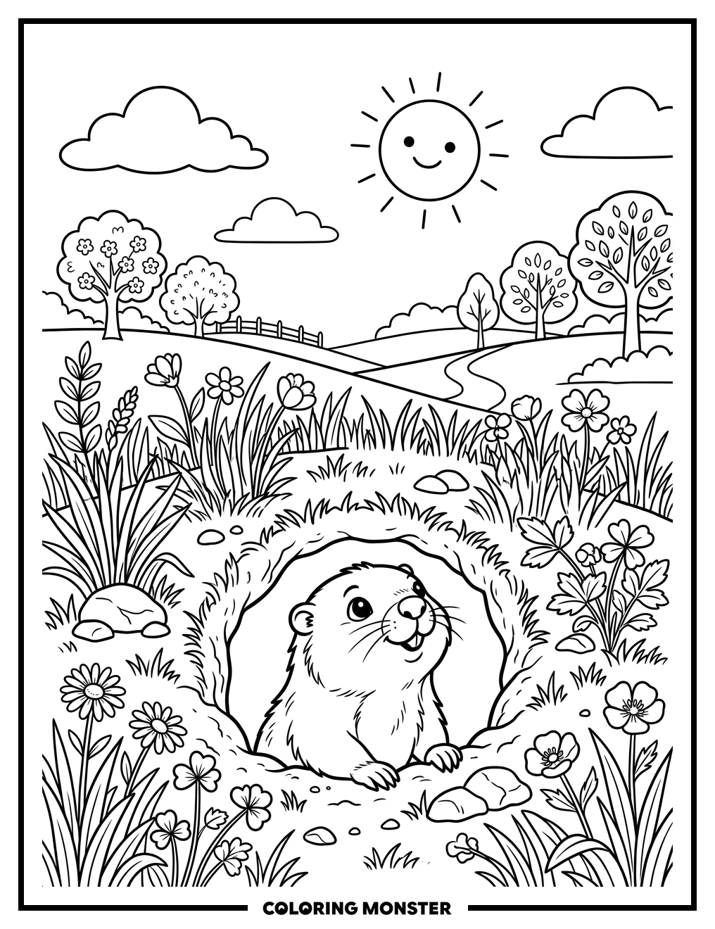 Groundhog Peeking From Burrow Coloring Page