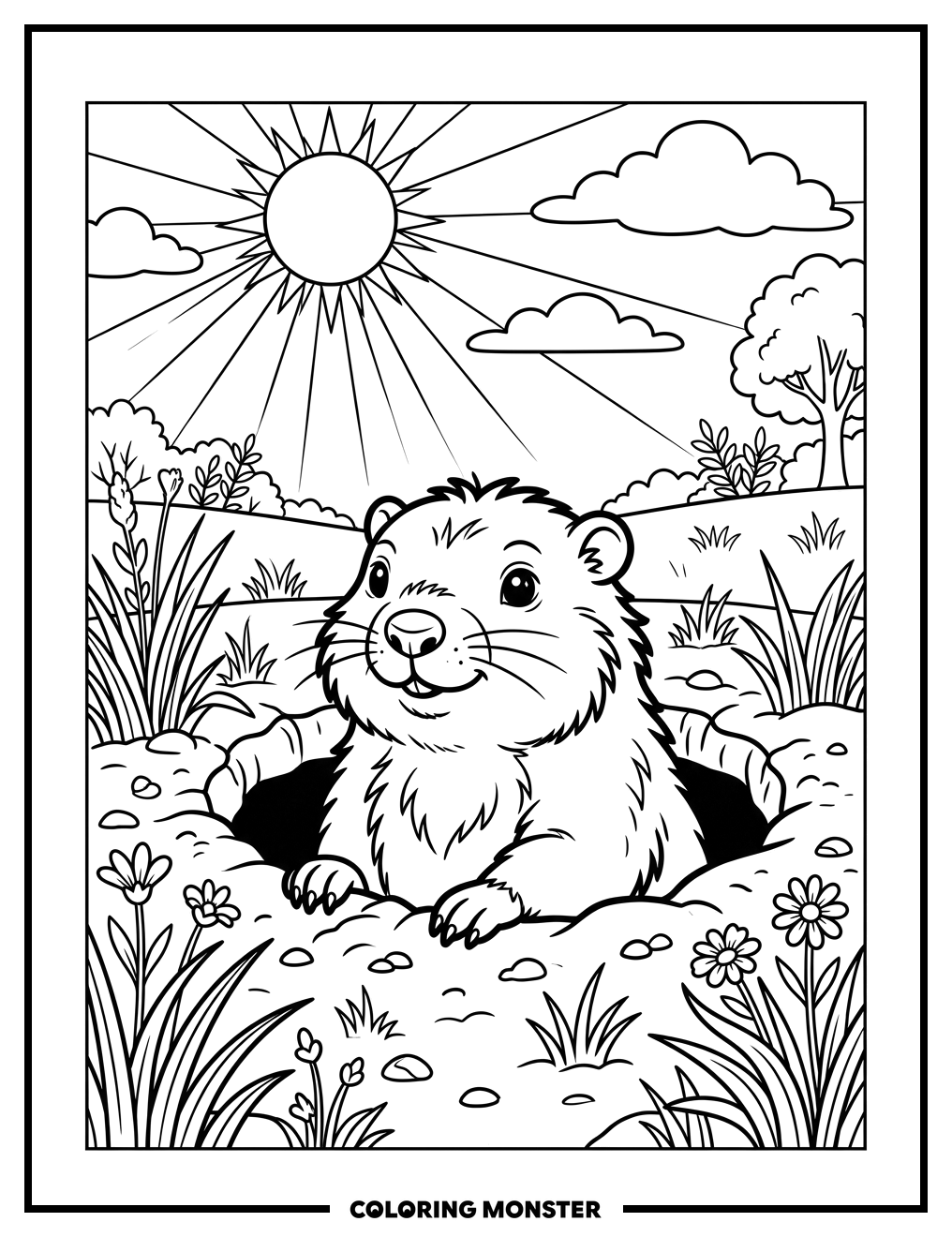 Groundhog Peeking From Burrow Coloring Page