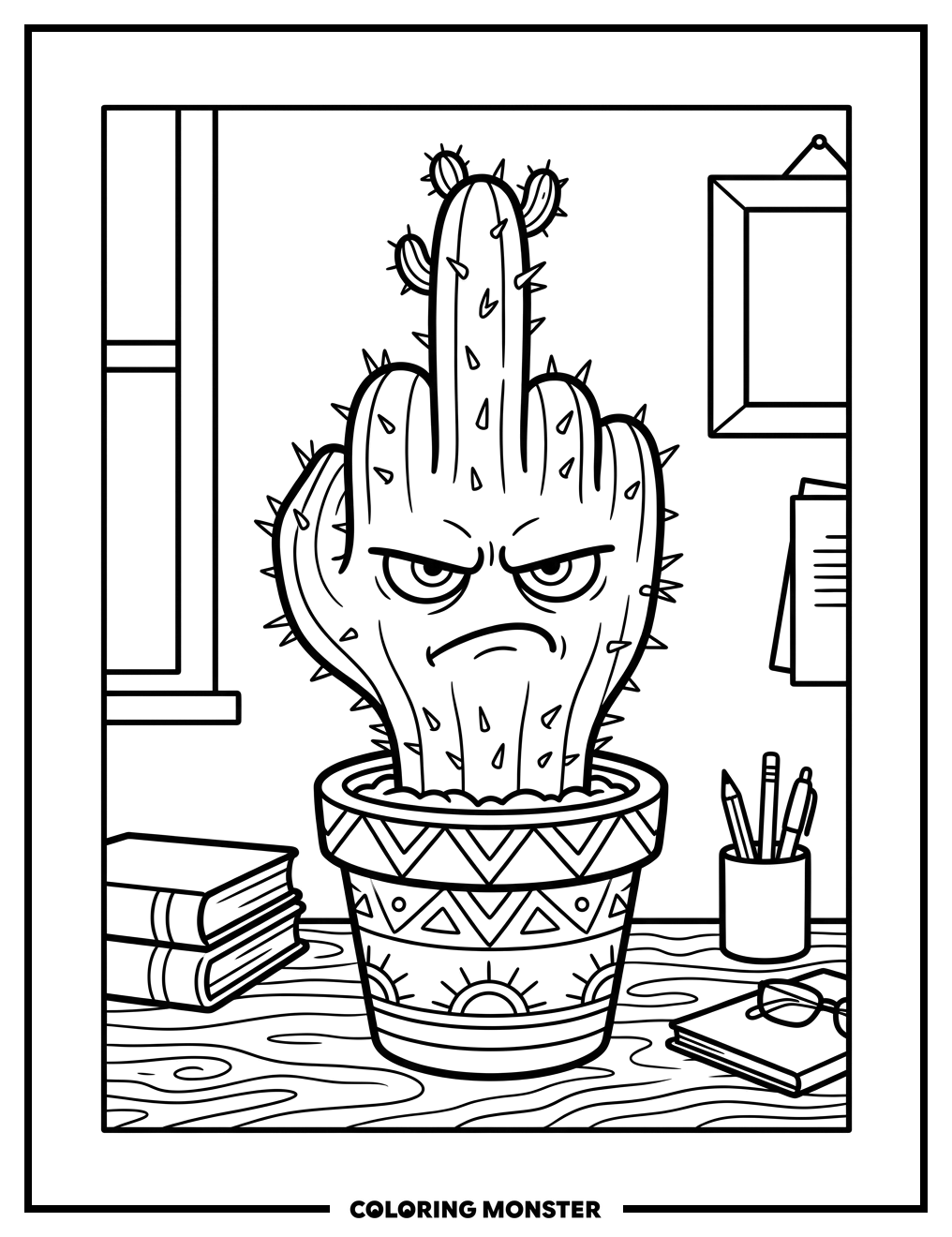 Grumpy Cactus Hand Giving Middle Finger Coloring Page
