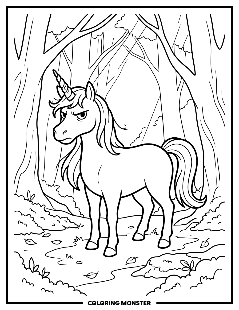 Grumpy Unicorn in Forest Coloring Page