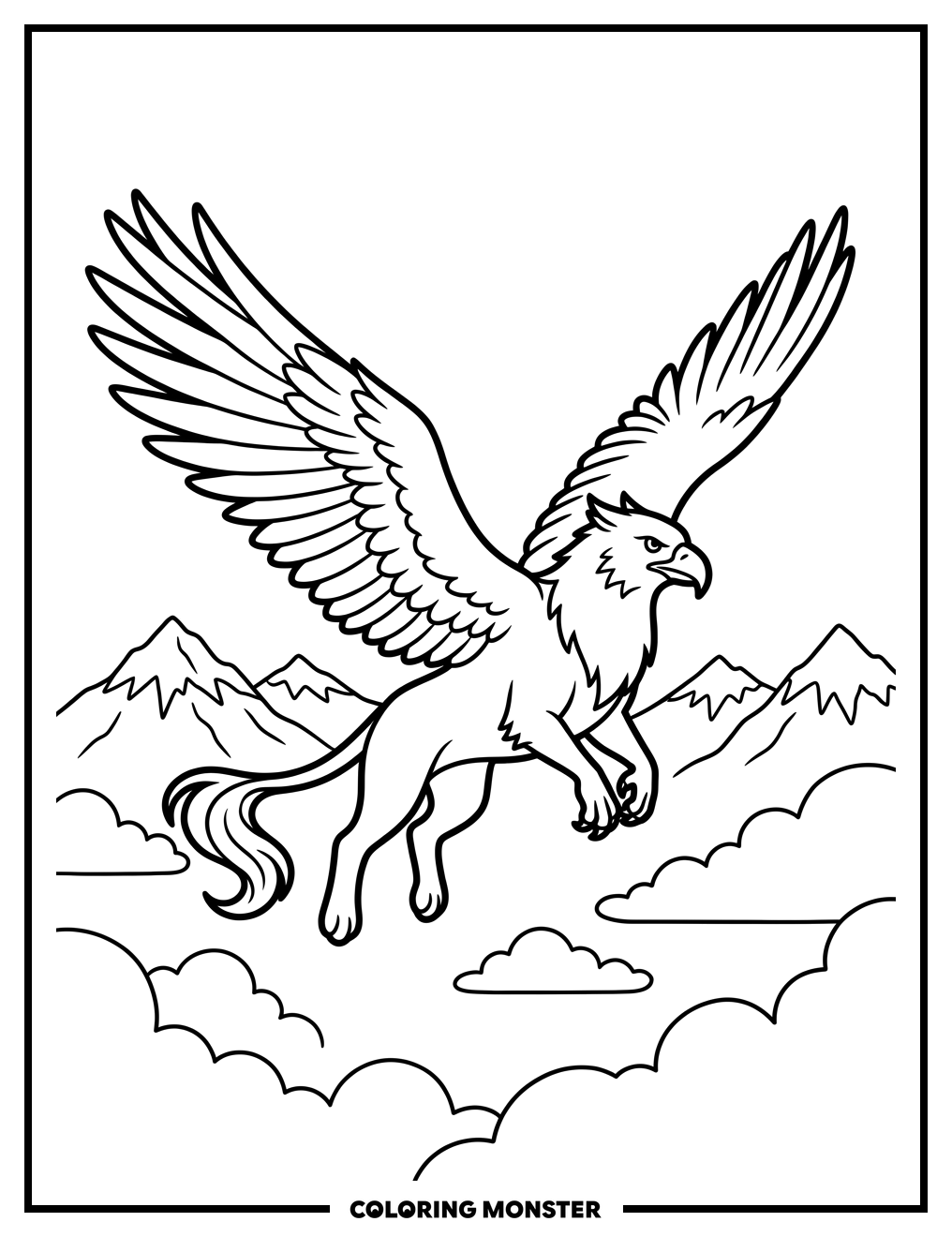 Gryphon Soaring Over Mountains Coloring Page