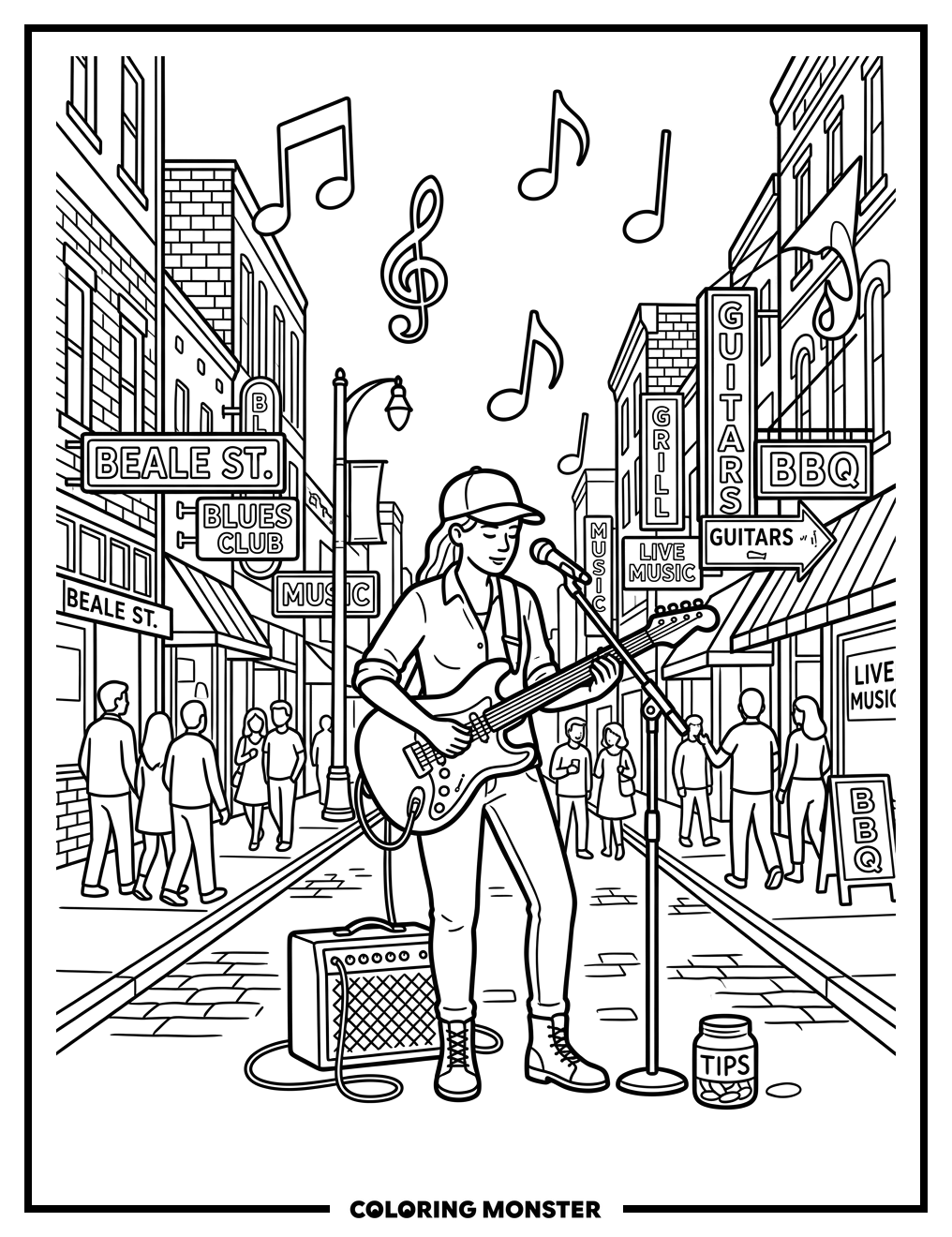 Guitarist on Beale Street Coloring Page