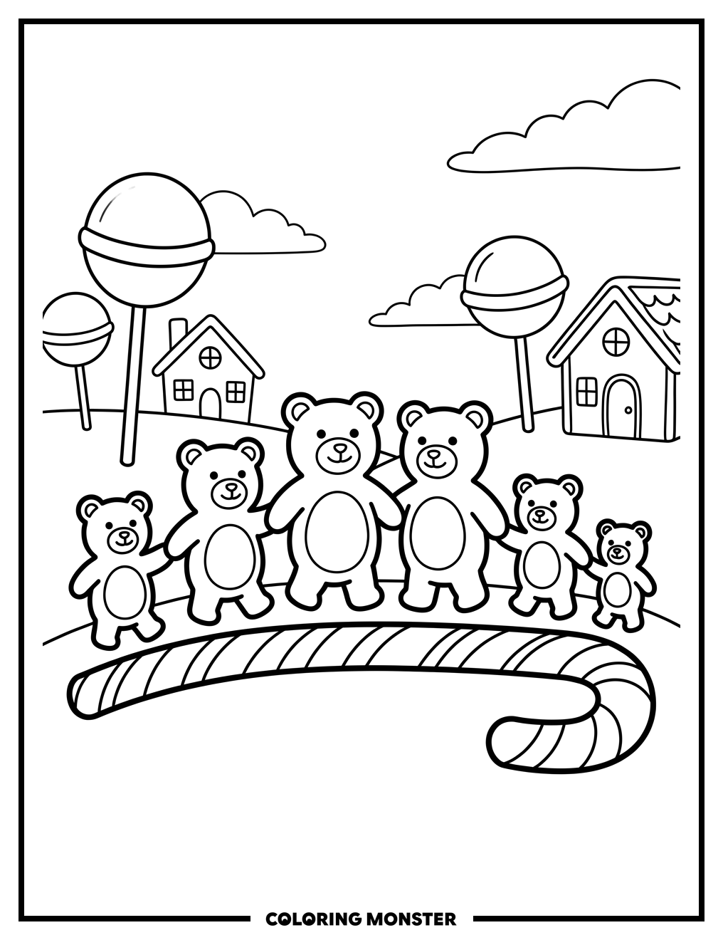 Gummy Bears on Candy Cane Path Coloring Page