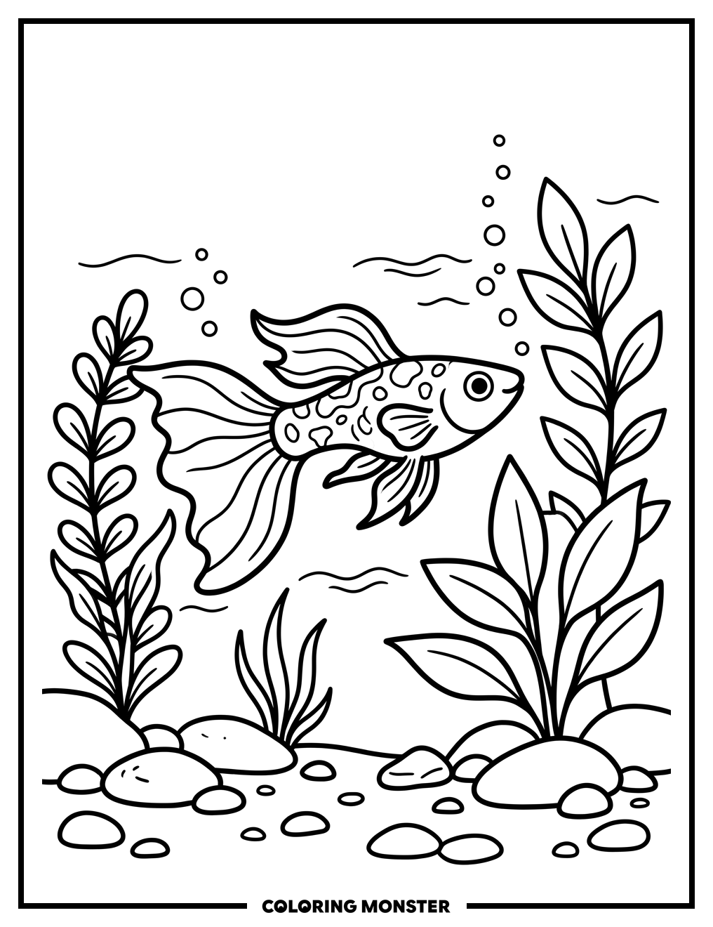 Guppy Swimming Among Underwater Plants Coloring Page