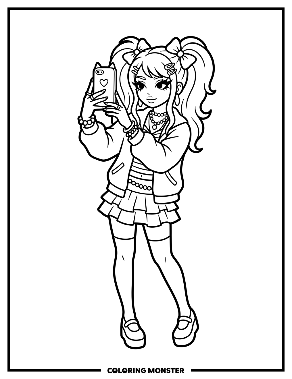 Gyaru Girl Taking Selfie Coloring Page