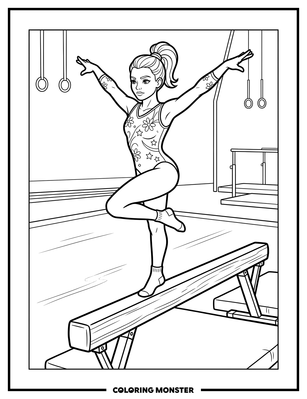 Gymnast Poses on Balance Beam Coloring Page