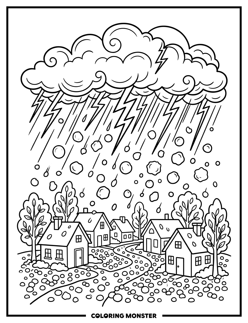 Hailstorm Over a Village Coloring Page