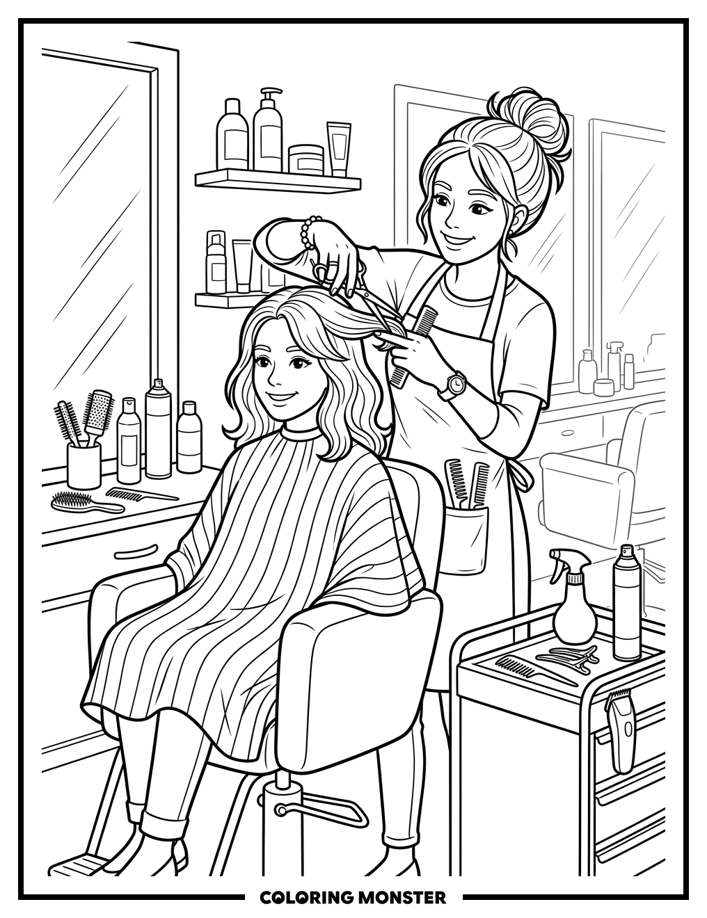 Hairdresser Styling a Client Coloring Page