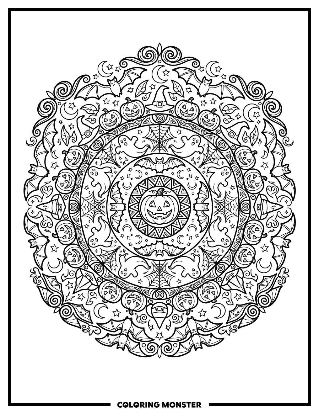 Halloween Mandala With Bats and Ghosts Coloring Page