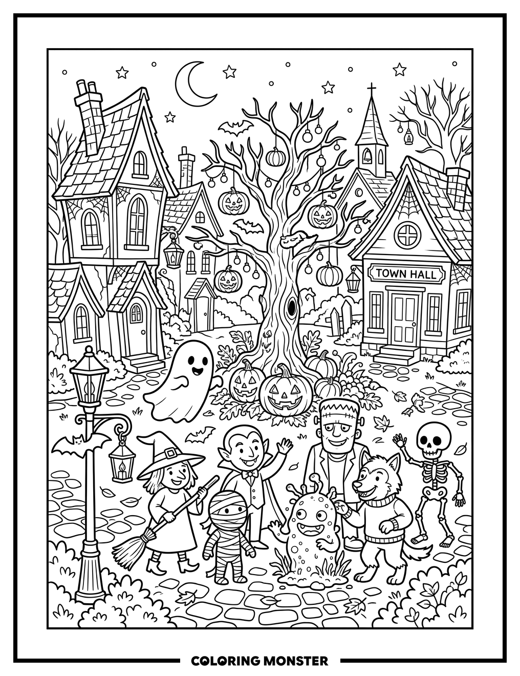 Halloween Town Square Celebration Coloring Page