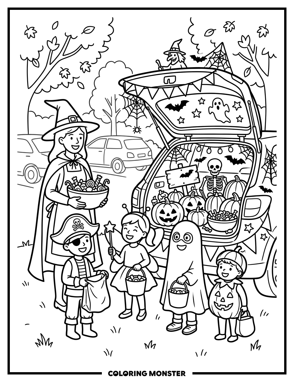 Halloween Trick-or-Treat Car Coloring Page