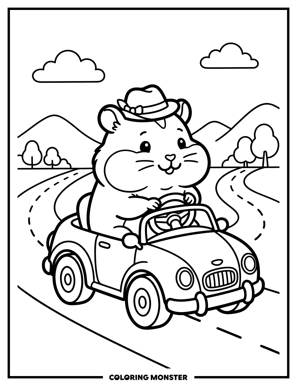Hamster Driving a Toy Car Coloring Page